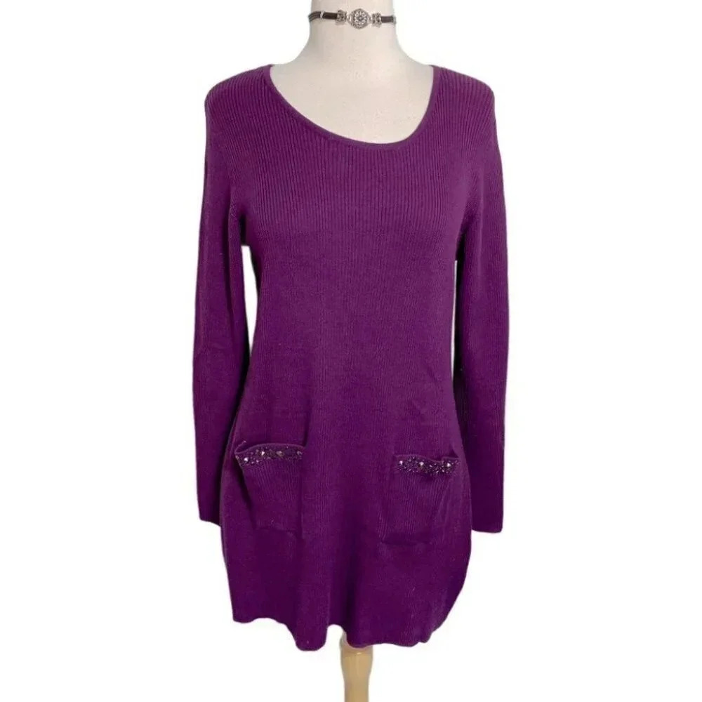 Studio Works Sweater Dress Large Purple Studded Pocket Ribbed Knit Scoop Neck